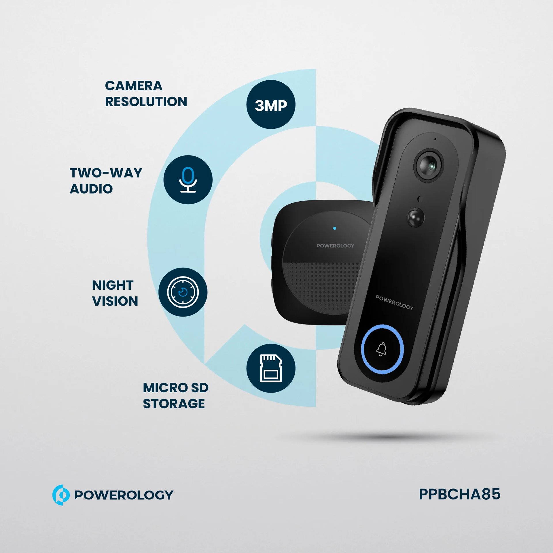 Powerology IP65 265GB 3MP Infrared Smart Camera Doorbell 5200mAh with Voice - Black