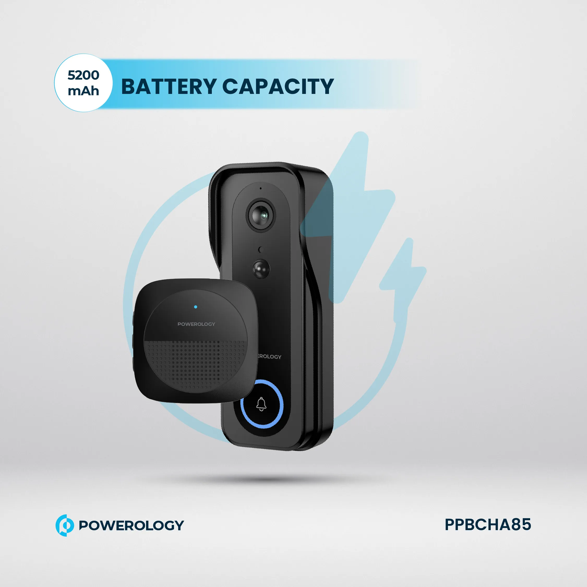 Powerology IP65 265GB 3MP Infrared Smart Camera Doorbell 5200mAh with Voice - Black