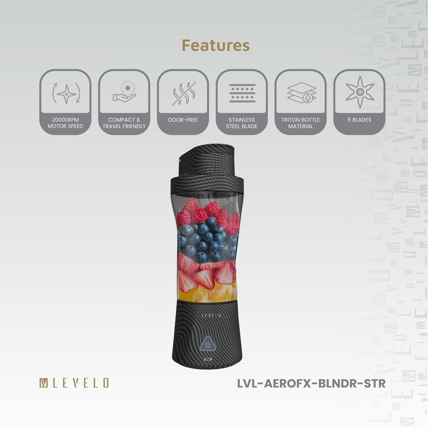 Levelo AeroFlex 6 Blades Portable 6000mAh Carbon Fiber Blender - Smoky Transp arent