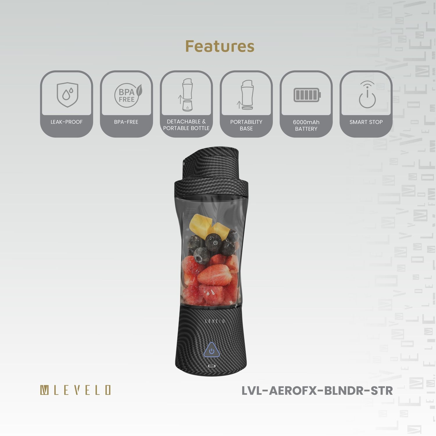 Levelo AeroFlex 6 Blades Portable 6000mAh Carbon Fiber Blender - Smoky Transp arent
