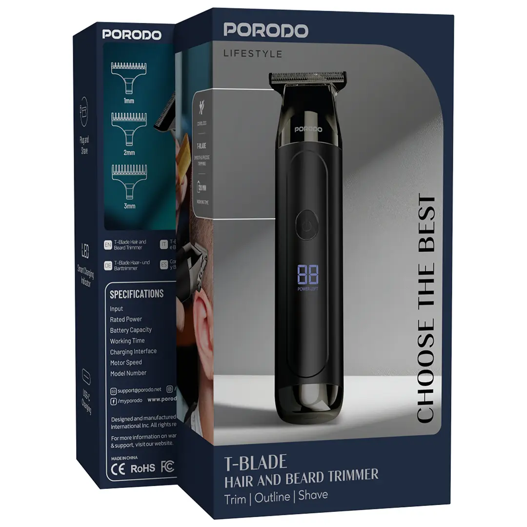 Porodo Trimmer PDLFST154BK - Cordless T-Blade, USB-C Rechargeable, Black