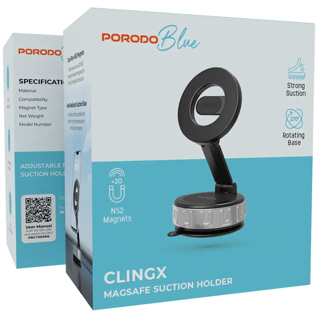 Porodo Blue 360° Rotatable Adjustable Vacuum Magsafe Suction Holder - Black