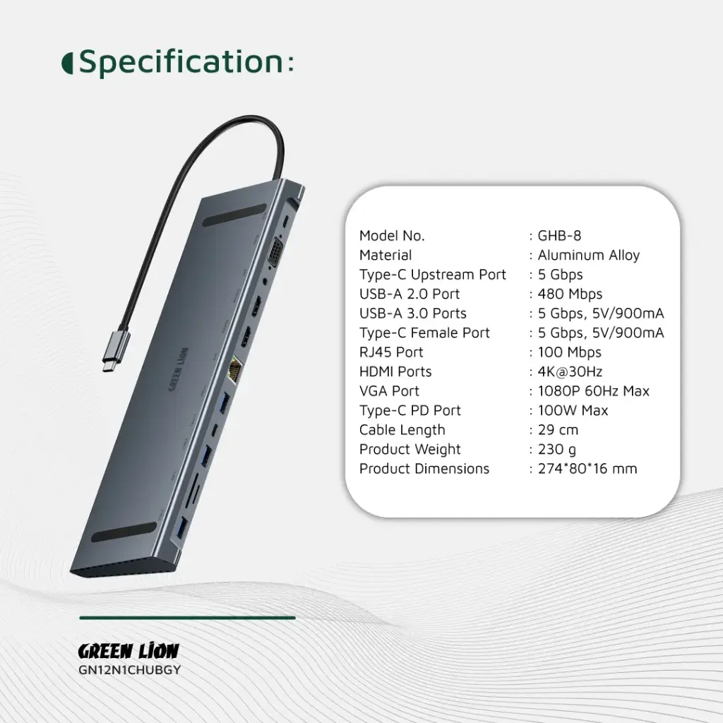 Green Lion 12 in 1 4K HDMI Ethernet USB-C HUB - Gray