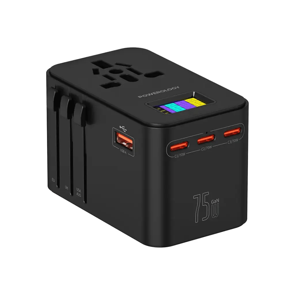 Powerology PD75W*3 USB-C GaN Travel Adapter - Black