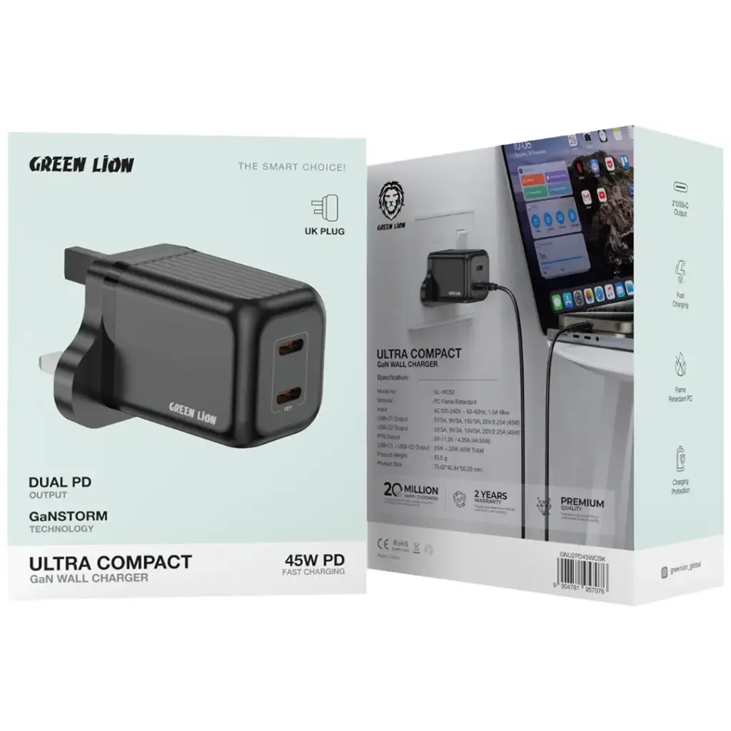 Green Lion Supra 45W UK GaN Wall Charger 2 USB-C Ports - Black
