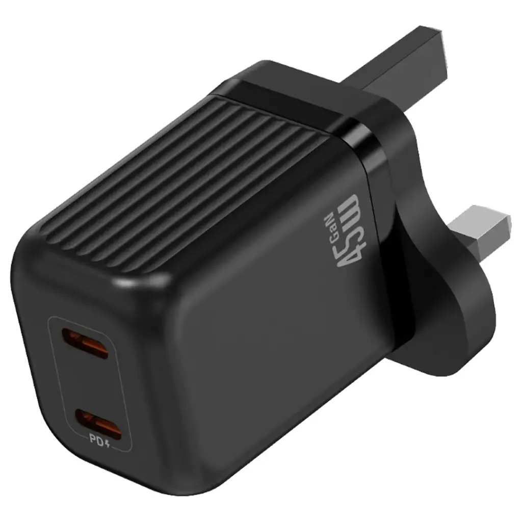 Green Lion Supra 45W UK GaN Wall Charger 2 USB-C Ports - Black