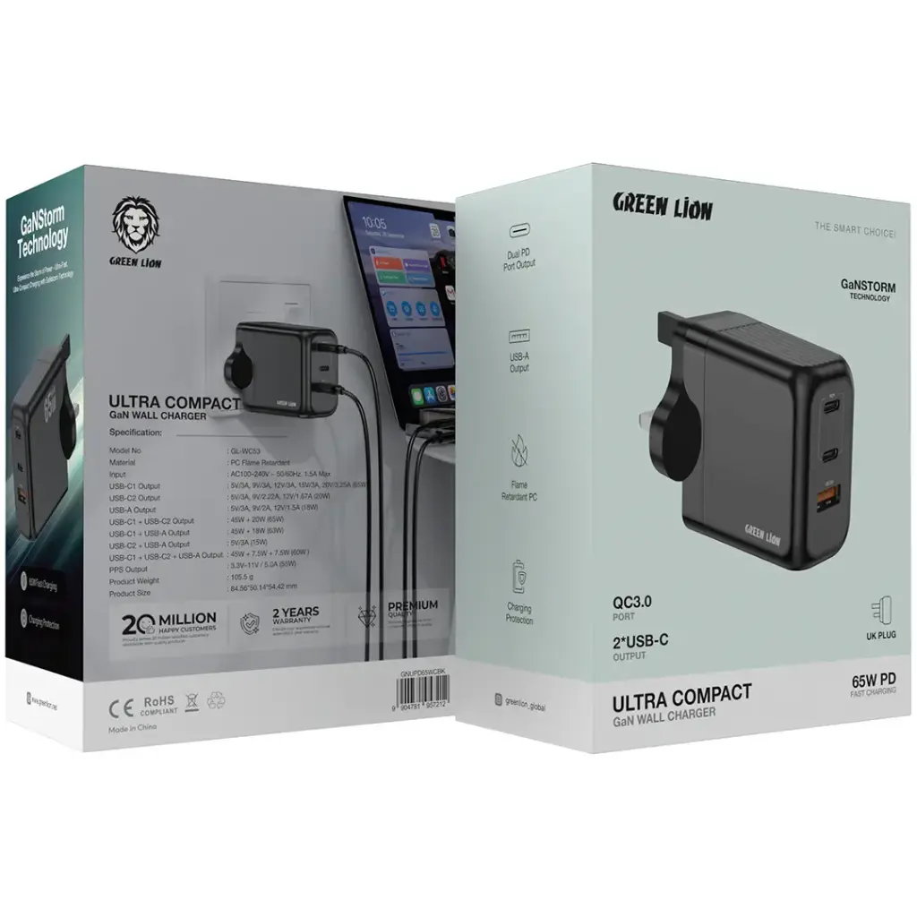 Green Lion Supra 65W UK GaN Wall Charger USB-A & 2 USB-C Ports - BlacK