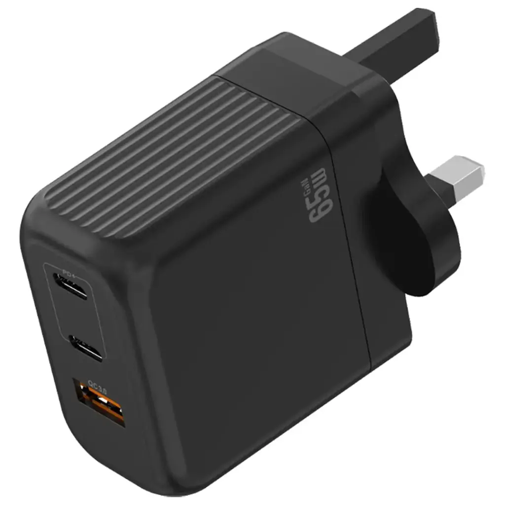 Green Lion Supra 65W UK GaN Wall Charger USB-A & 2 USB-C Ports - BlacK