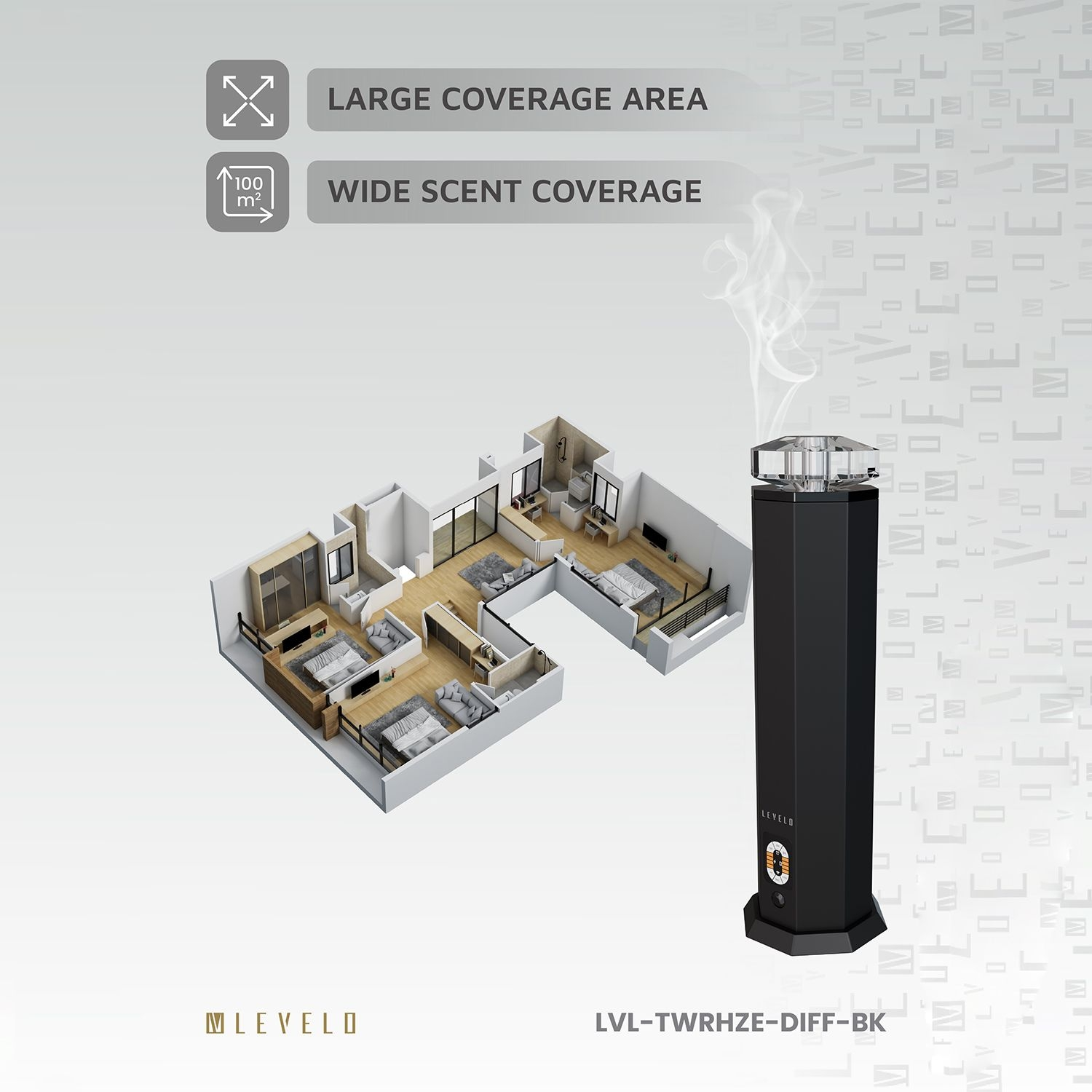 Levelo TowerHaze Crystal Waterless Portable 3600mAh Scent Diffuser - Metallic B lack