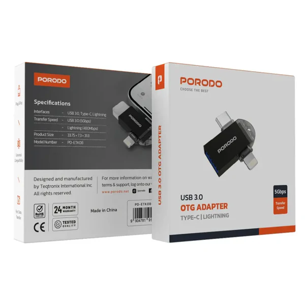 Porodo 3-in-1 Memory Card Reader - Black