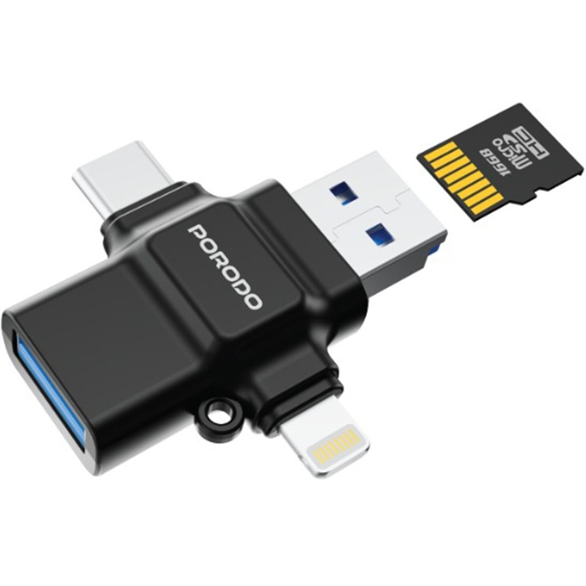 Porodo 4-in-1 Memory Card Reader - Black