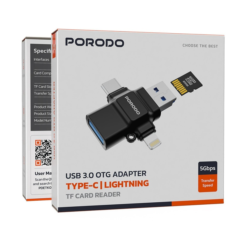 Porodo 4-in-1 Memory Card Reader - Black