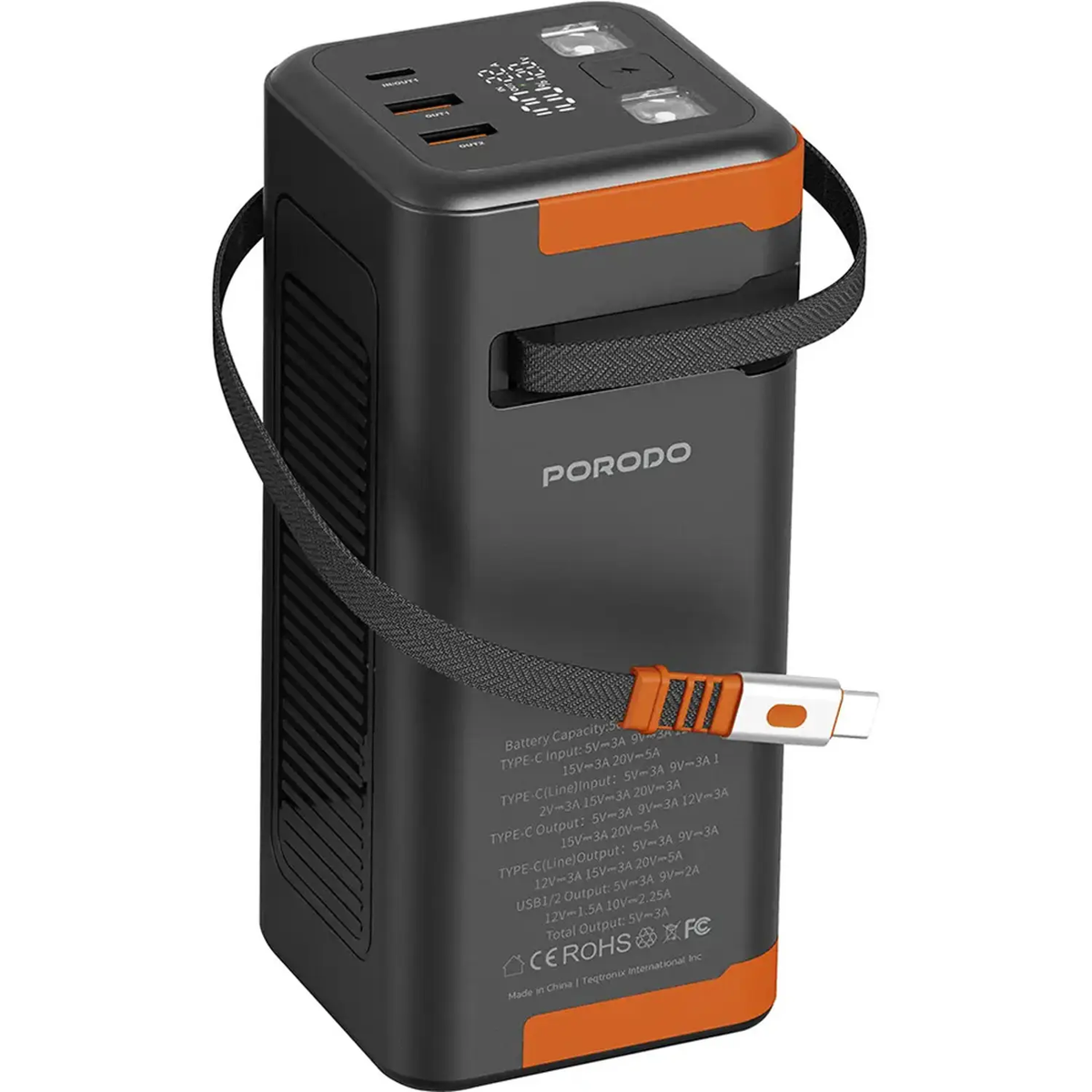 Porodo PowerBoost 50000mAh Power Bank with Retractable Cable 70cm - Black
