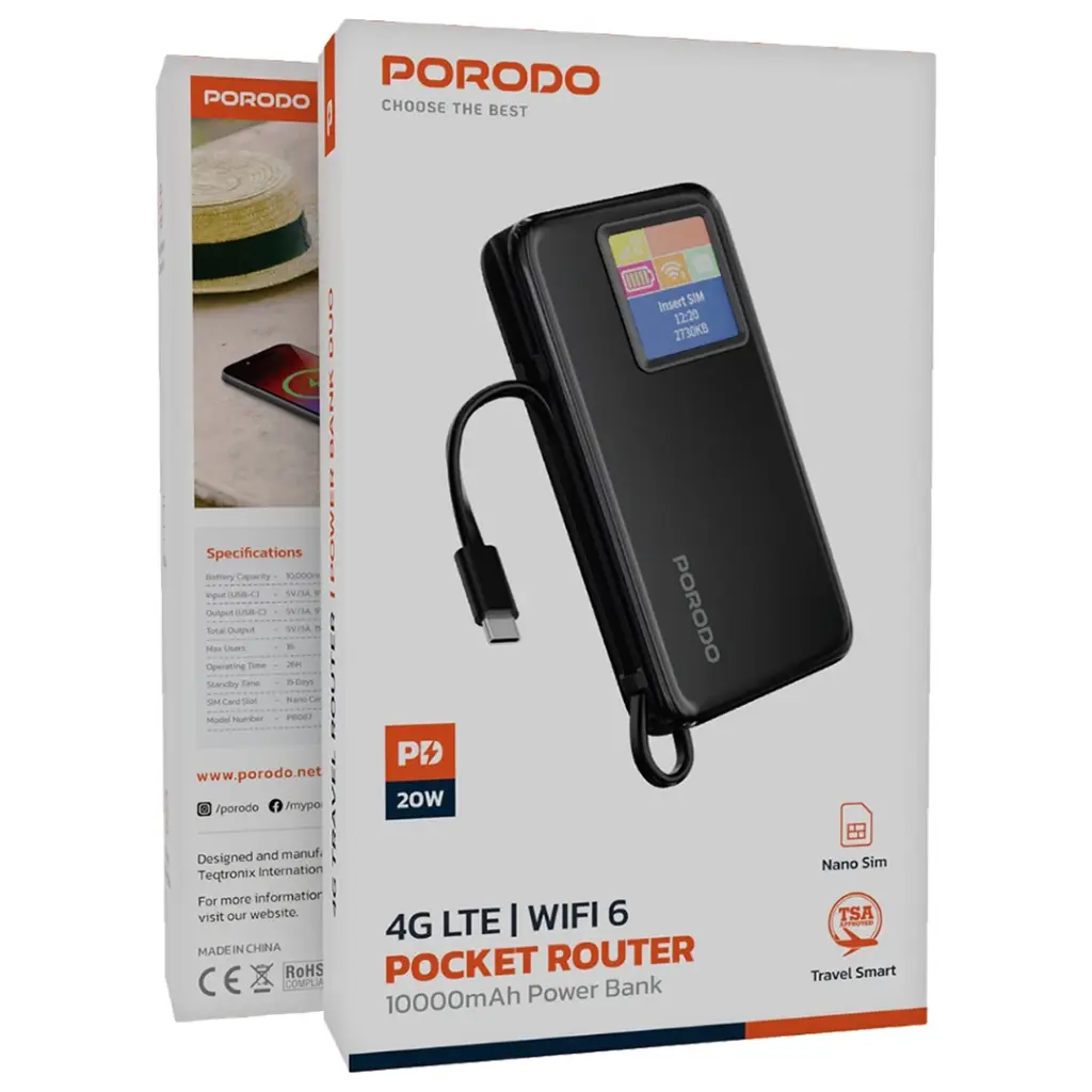 Porodo 4G MIFI Powerbank 10000mAh With Type C cable - Black