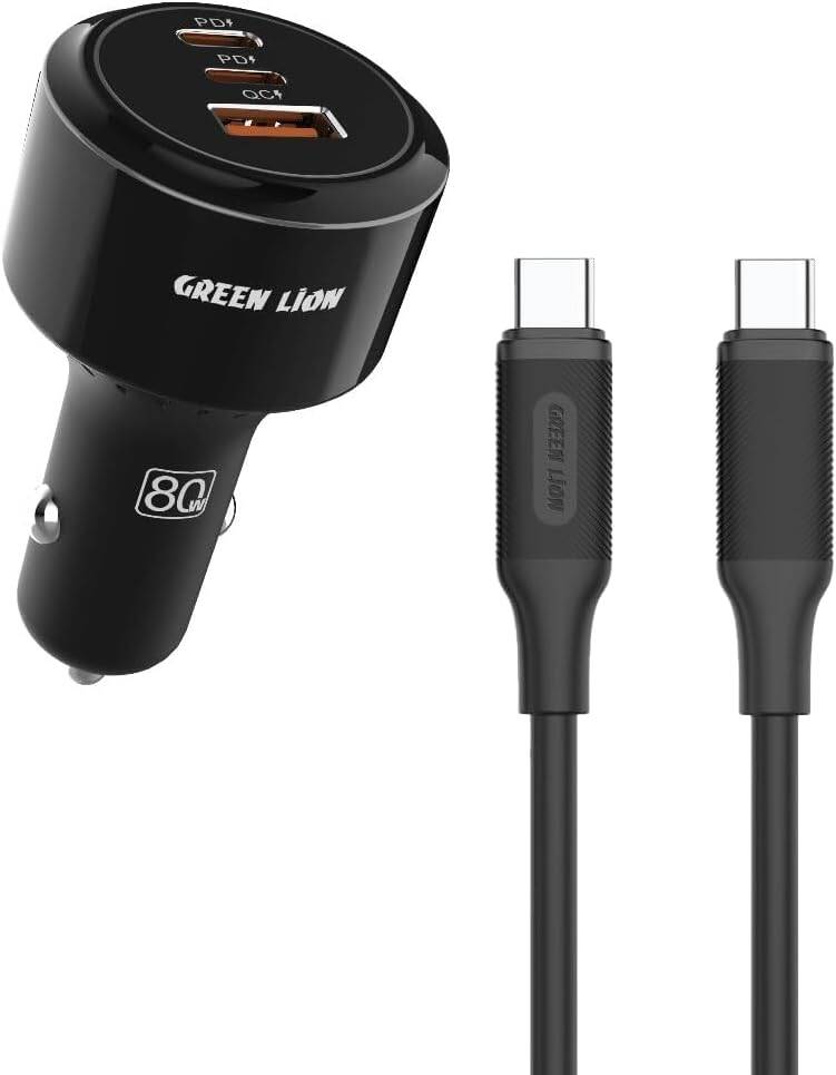 Green Lion Roadex Triple Port Car Charger 80W C to C 1m Cable - Black