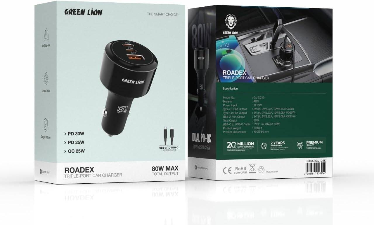 Green Lion Roadex Triple Port Car Charger 80W C to C 1m Cable - Black