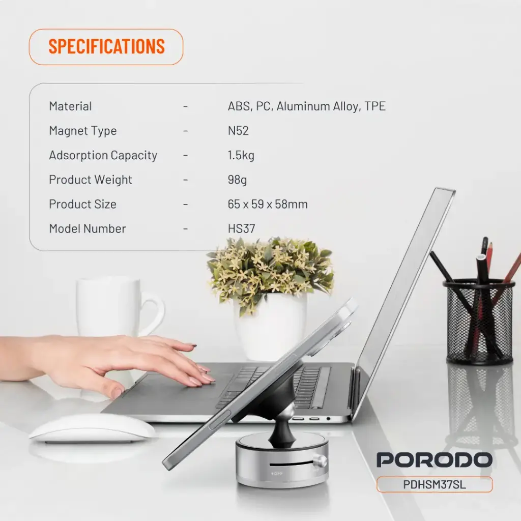 Porodo MultiSurface Magsafe Phone Holder with Manual section ABS + PC +Aluminum alloy+ TPE - Dark Gra