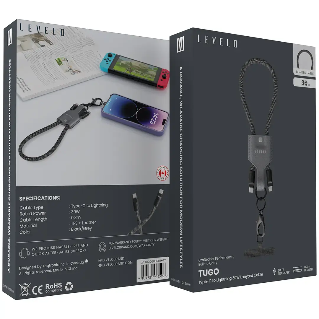 Levelo Tugo Type-C to Lightning 30W Lanyard Cable - Gray LVLTUGO303CLBKGY