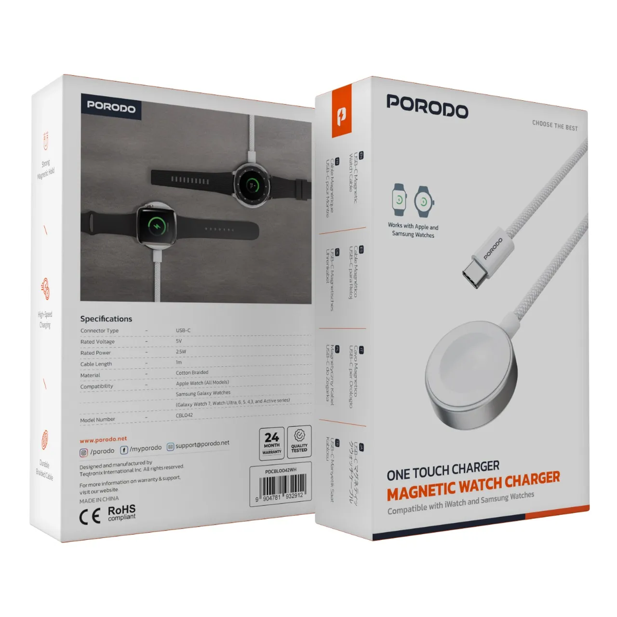 Porodo Charger Type C To Watch Cotton Braided + ABS Support Samsung & Apple Watch