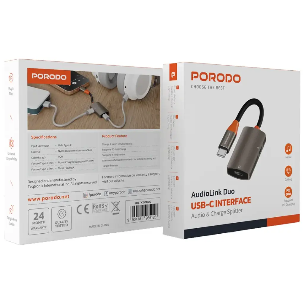 Porodo AudioLink Duo rAudioLink Duo USB-C Interface Audio And Charge Splitter