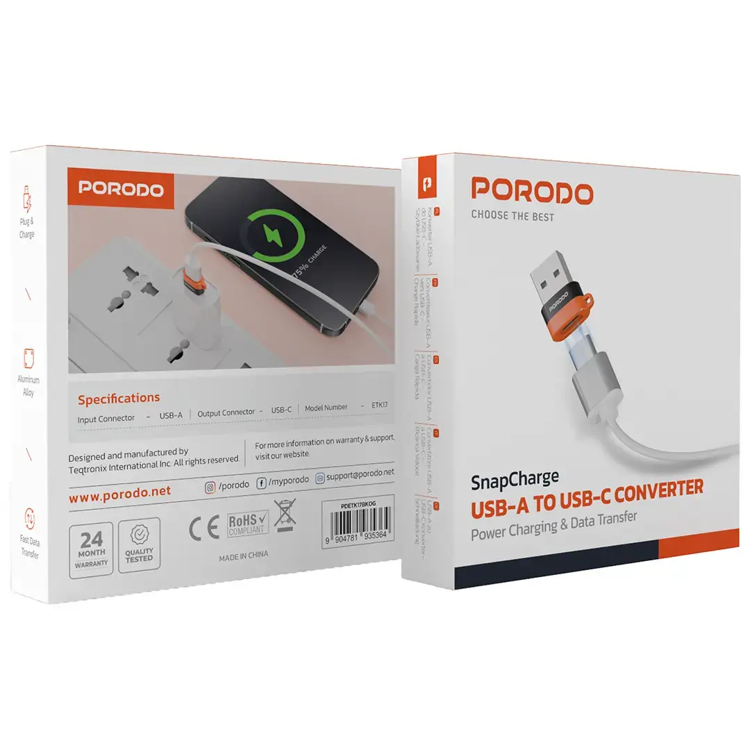 Porodo SnapCharge USB-A To USB-C Converter Power Charging And Data Transfer - Black Orange