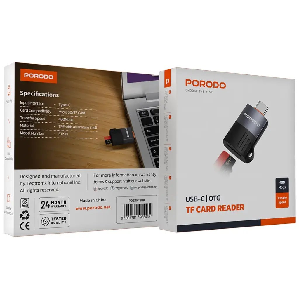 Porodo USB-C OTG TF Card Reader - Black