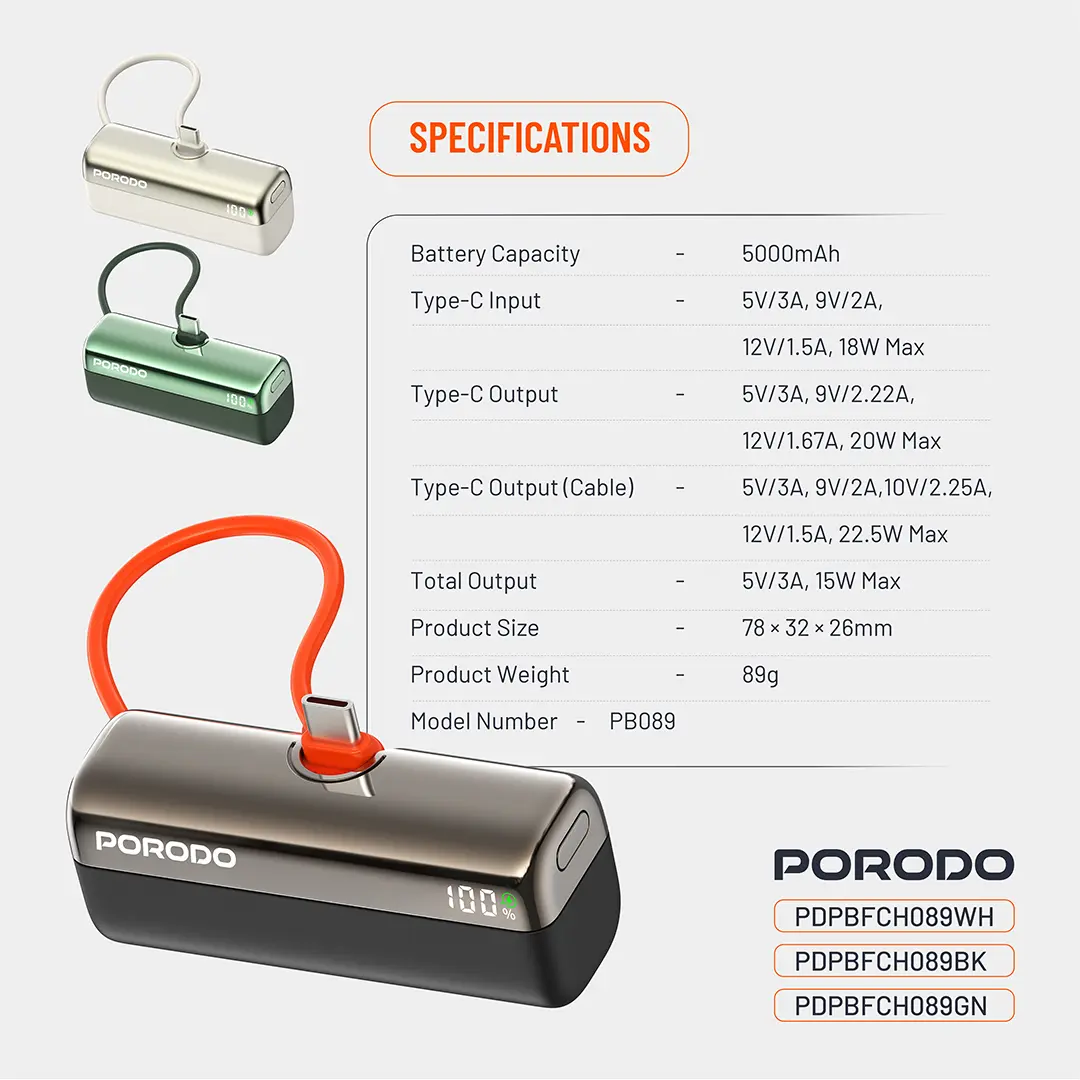 Porodo Pocket Volt Power Bank 5000mAh Type-C Input: 5V/3A 9V/2A 12V/1.5A