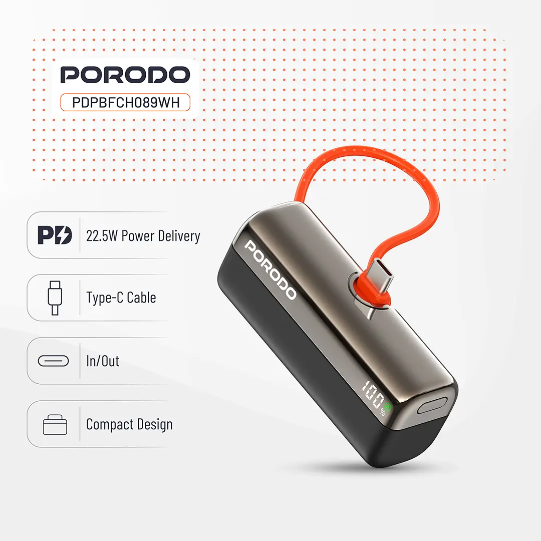 Porodo Pocket Volt Power Bank 5000mAh Type-C Input: 5V/3A 9V/2A 12V/1.5A