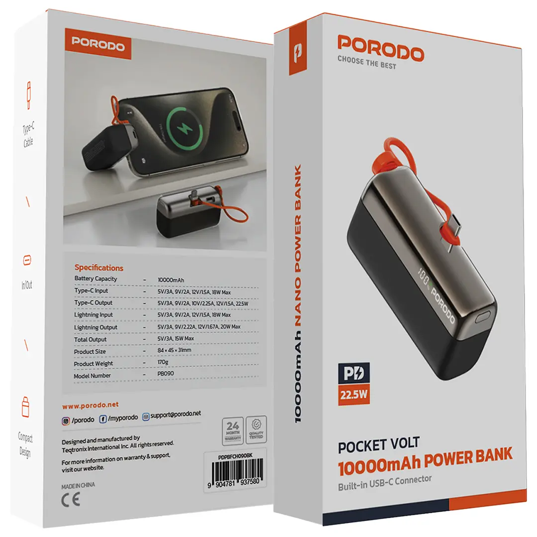 Porodo Pocket Volt Power Bank 10000mAh Type-C Input: 5V/3A 9V/2A 12V/1.5A