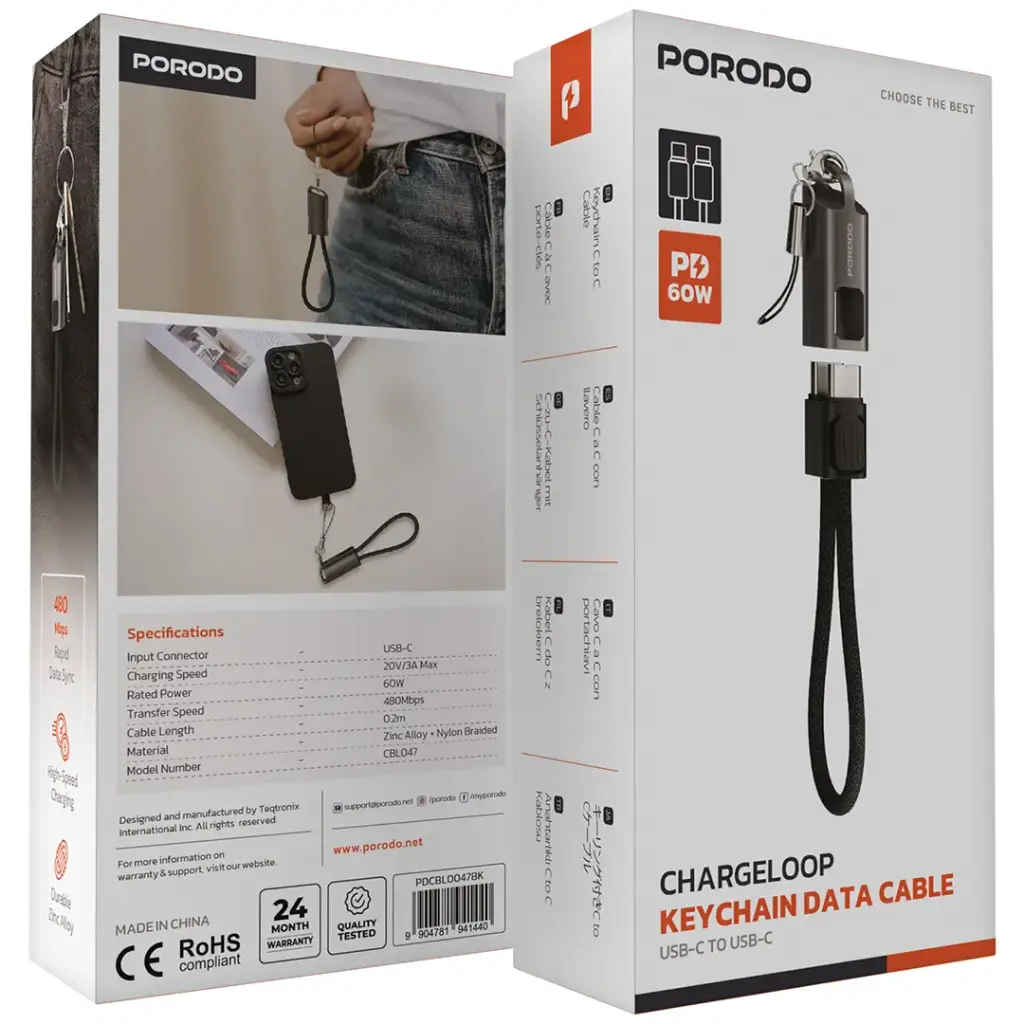 Porodo ChargeLoop Keychain Zinc Nylon Cable