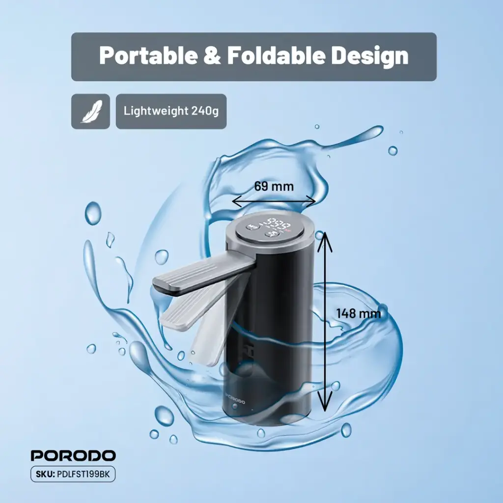 Porodo Lifestlye Foldable Electric Water Pump Universal Bottle Compatibility - Black