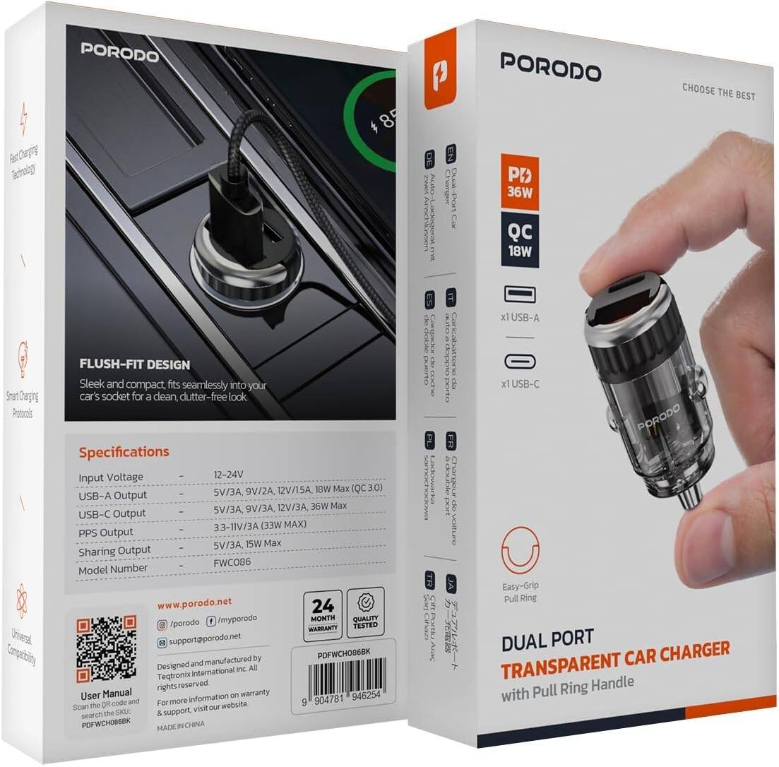 Porodo Dual Port USB Car Fast Charger, QC3.0, 36W, WITH CABLE