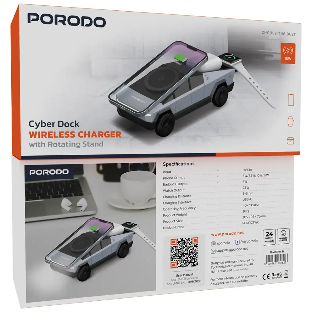 Porodo Cyber Dock Wireless Charger With Rotating Stand - Grey