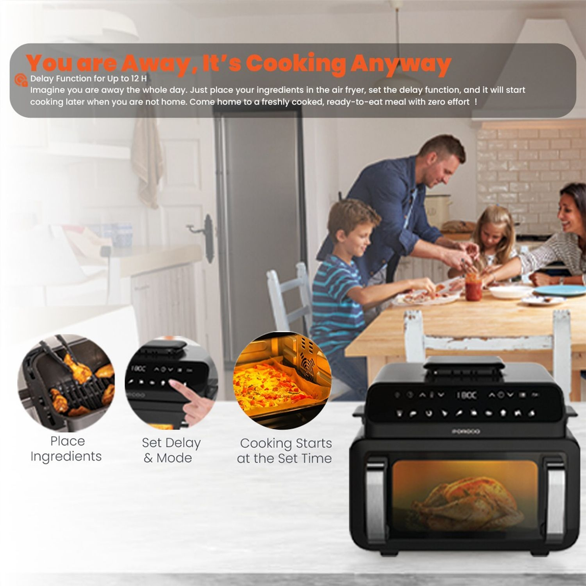 PORODO Flexi Cook Pro 2100W 3 IN 1 AIR FRYER WITH DUAL HEATING +DELAY TIMER