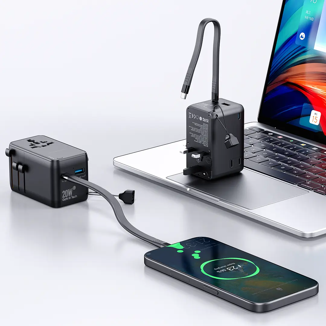 Powerology PD 20W Universal Travel Adapter With Built-in Power Bank 4000mah Total DC Output: 20W - Black