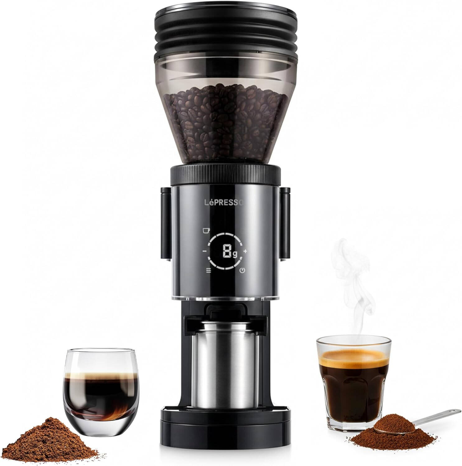 LePresso Grindeur Precision Conical Burr Grinder Digital Weight Control - Black