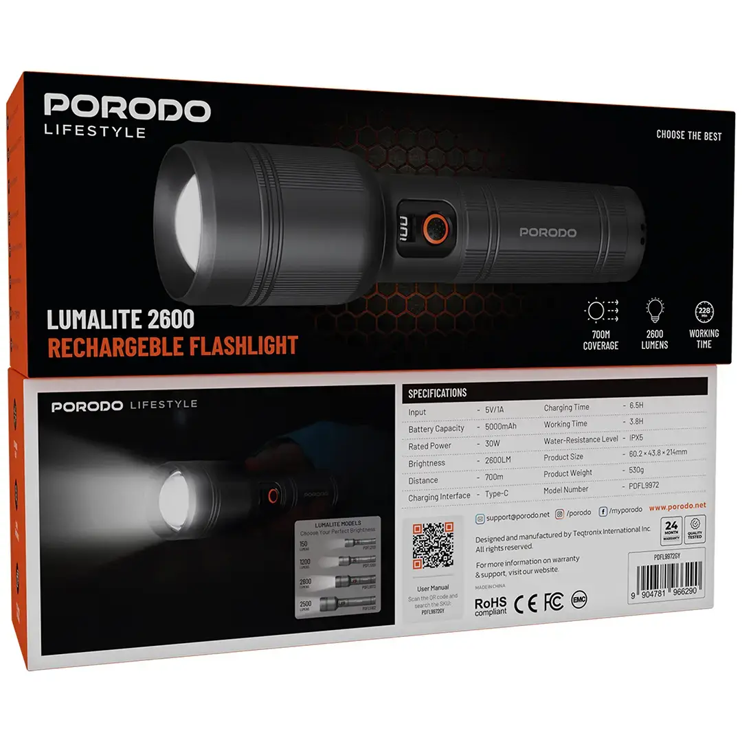 Porodo LumaLite 30W Led Waterproof Flashlight 8000mAh Battery - Gray