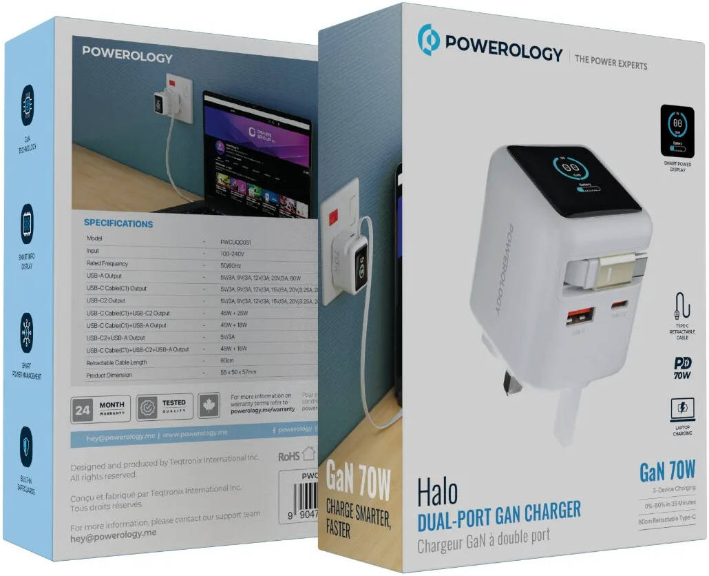 Powerology Halo 70W charger with retractable cable OUTPUT 70W (max) + Laser print