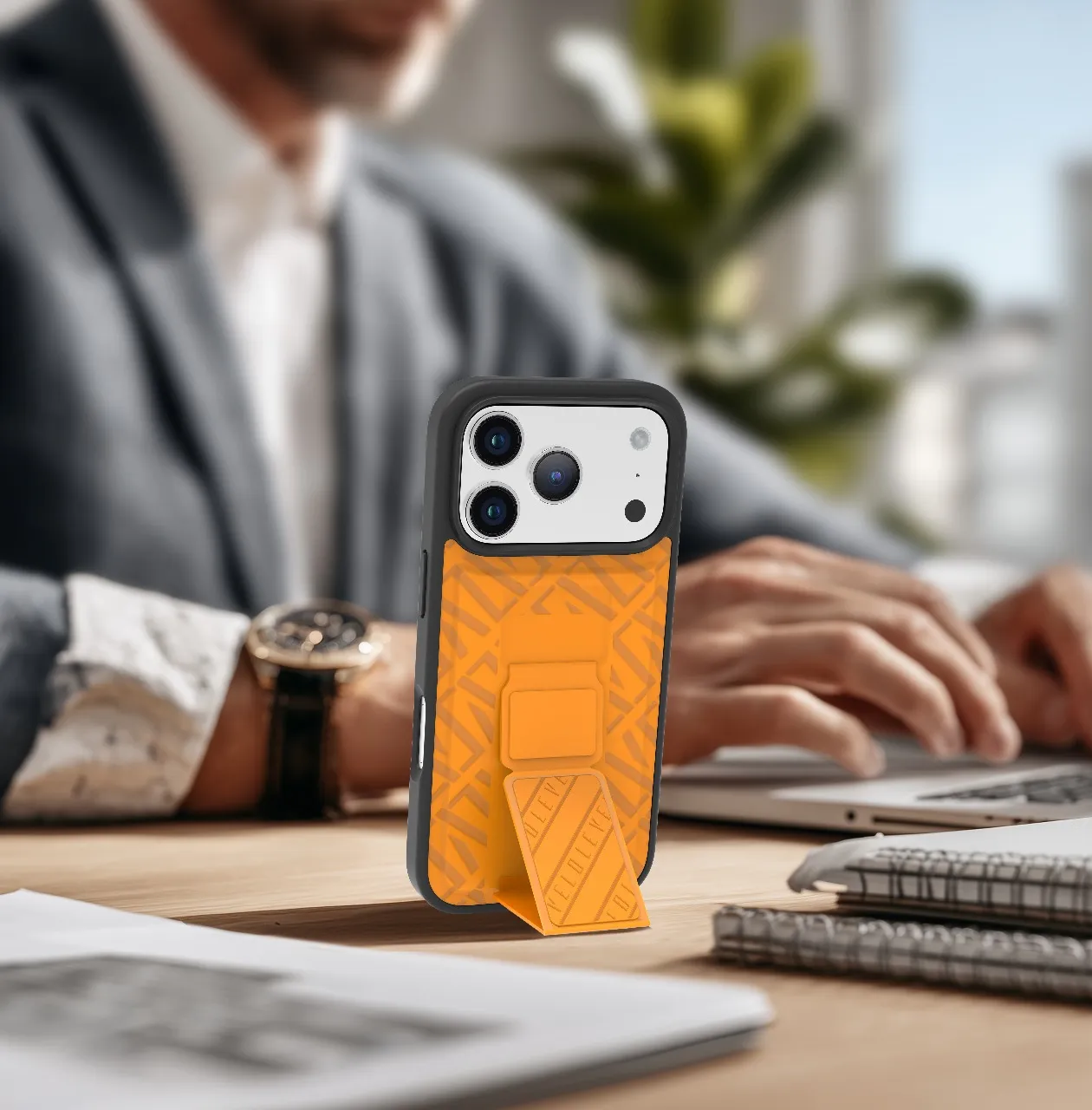 Levelo Morphix Cuero Gripstand Case For iPhone 17 Pro Max - Sunrise Orange