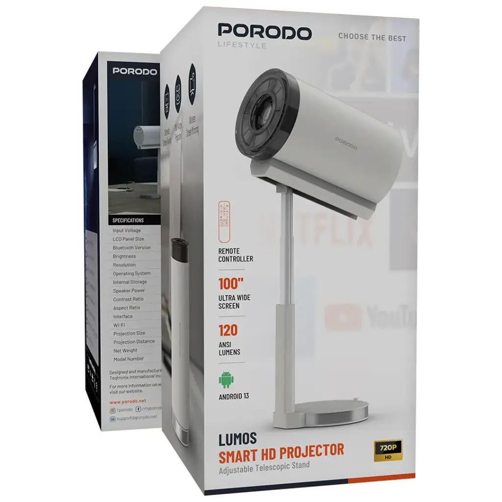 Porodo Lifestyle Lumos Smart HD Projector Adjustable Telescopic Stand