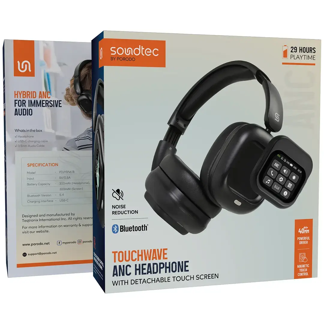 PORODO SOUNDTEC 300mAh ANC HEADPHONE WITH REMOVABLE MAGNETIC TOUCH SCREEN