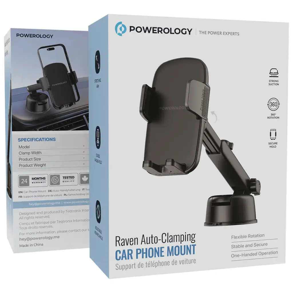Powerology Raven Auto-Clamping Car Phone Mount - Black