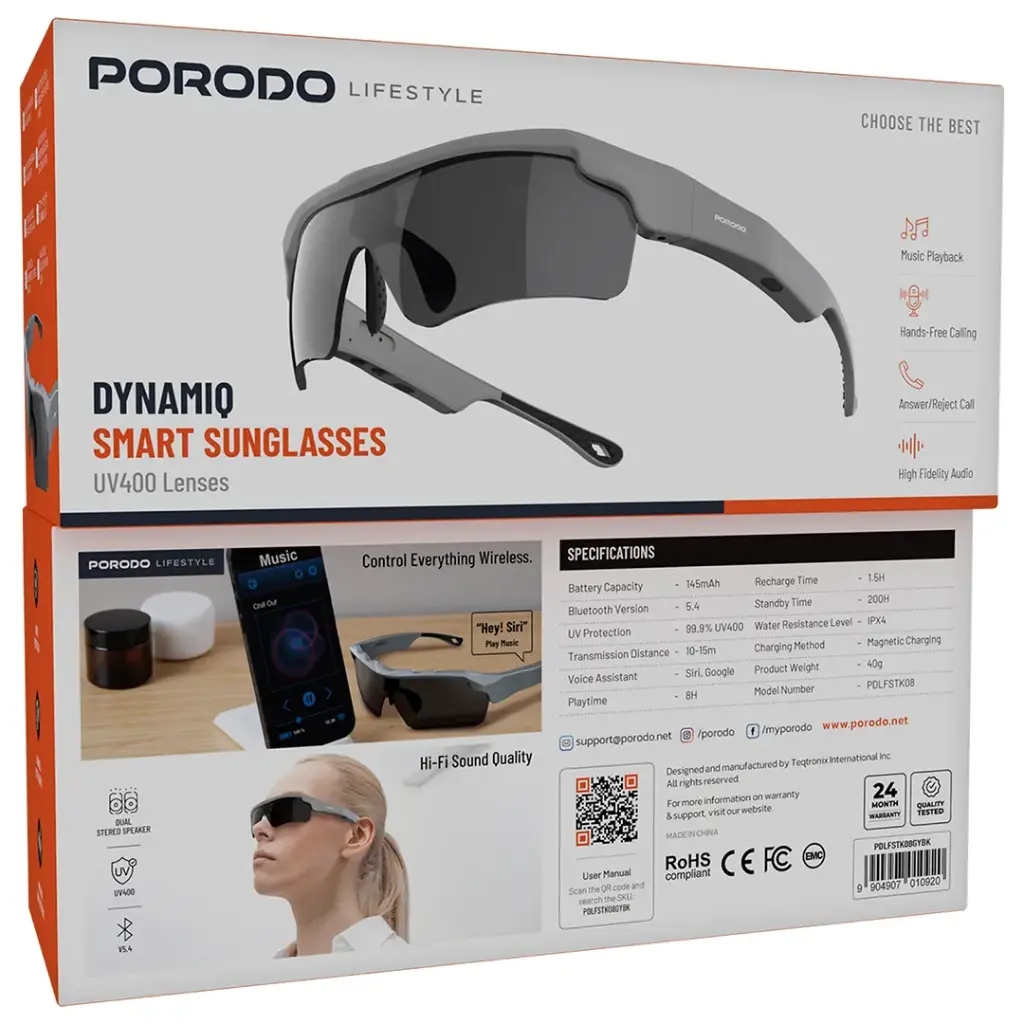 Porodo Dynamiq Lifestyle Bluetooth Smart Glass - Gray & Black