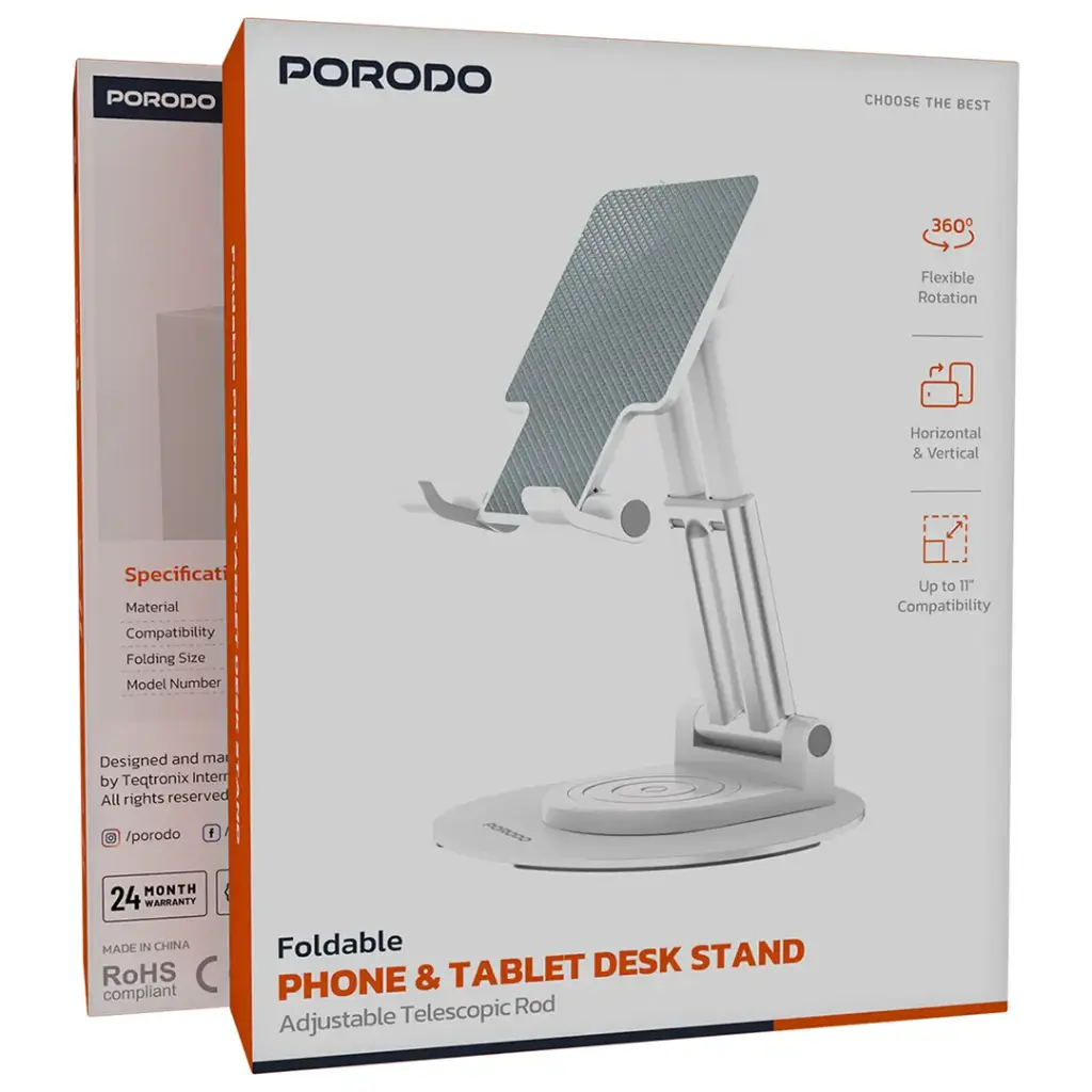 Porodo Foldable Phone & Tablet Desk Stand Adjustable Telescopic Rod