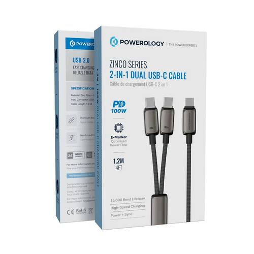 Powerology Zinco Series 2-In-1 Dual USB-C Cable - Dark Gray