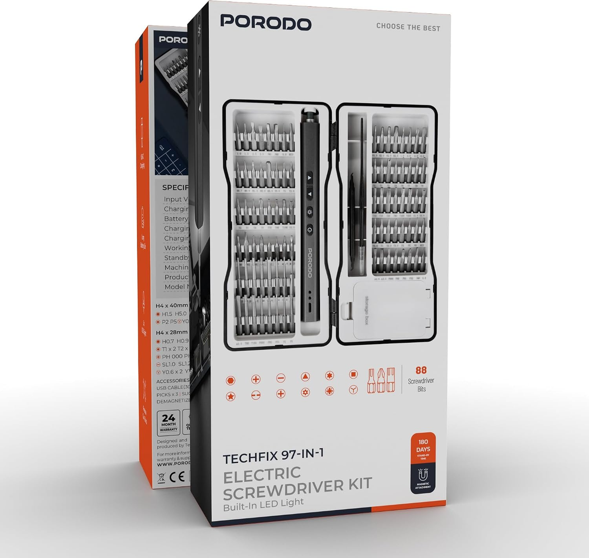 Porodo Techfix 97- In-1 Electric Screwdriver Kit BuiltIn LED Light - Black