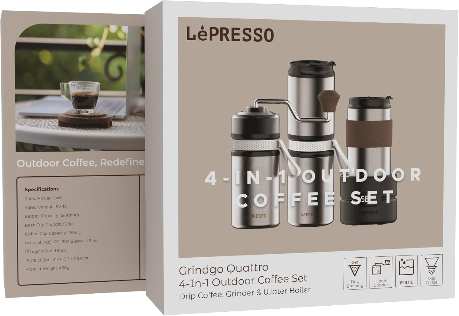 LePresso Grindgo Quattro 4-In-1 Outdoor Coffee Set er - Silver