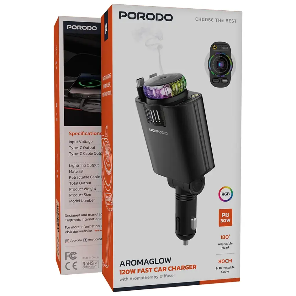 Porodo AromaGlow 120W Car Charger with Diffuser