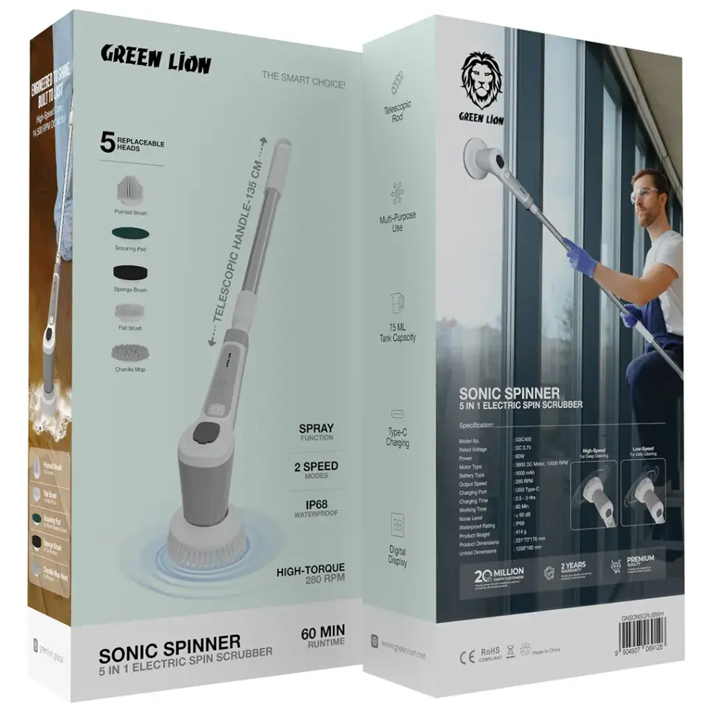 Green Lion Sonic Spinner 5 in 1 Electric Spin Scrubber - White
