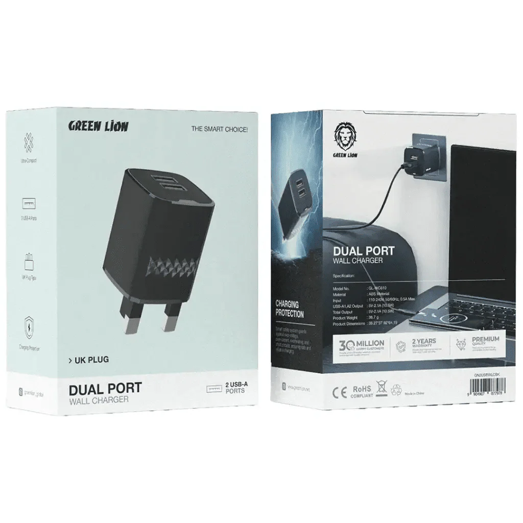 Green Lion Dual Port Wall Charger UK Plug 2 USB-A Port USB-A to Micro 1m Cable -Black